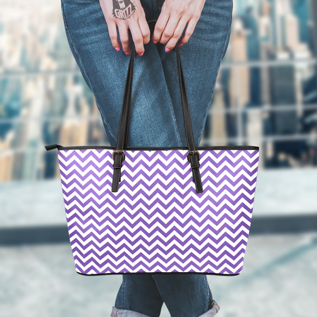 Purple Zigzag Print Pattern Leather Tote Bag-grizzshop