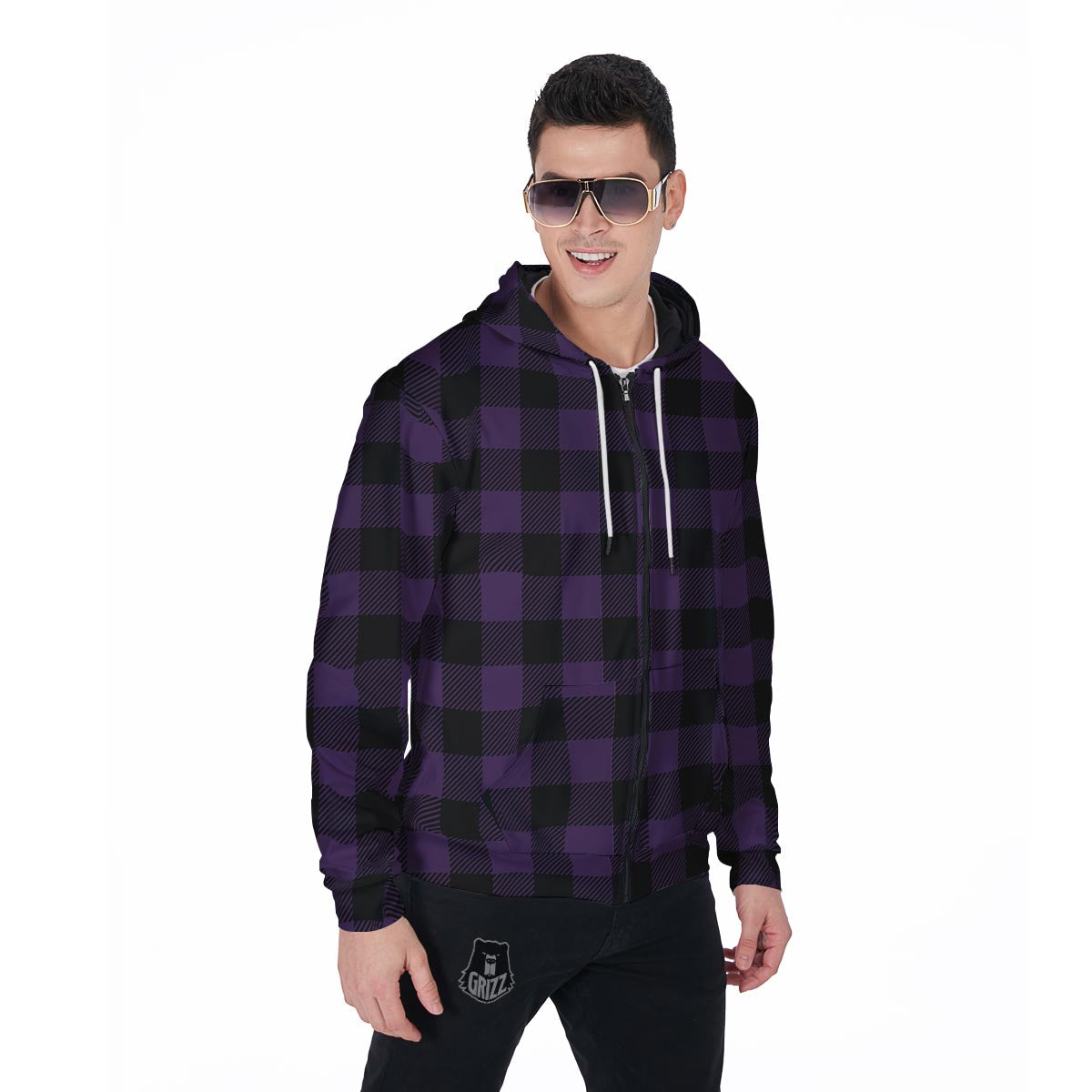 Purple Buffalo Plaid Men's Zip Up Hoodie-grizzshop