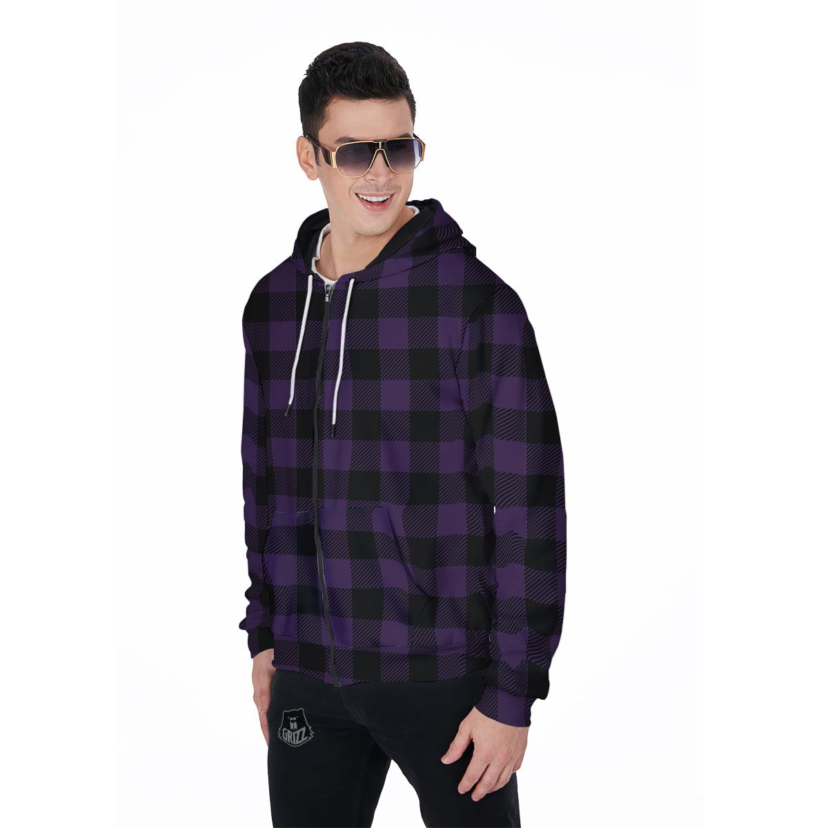 Purple Buffalo Plaid Men's Zip Up Hoodie-grizzshop