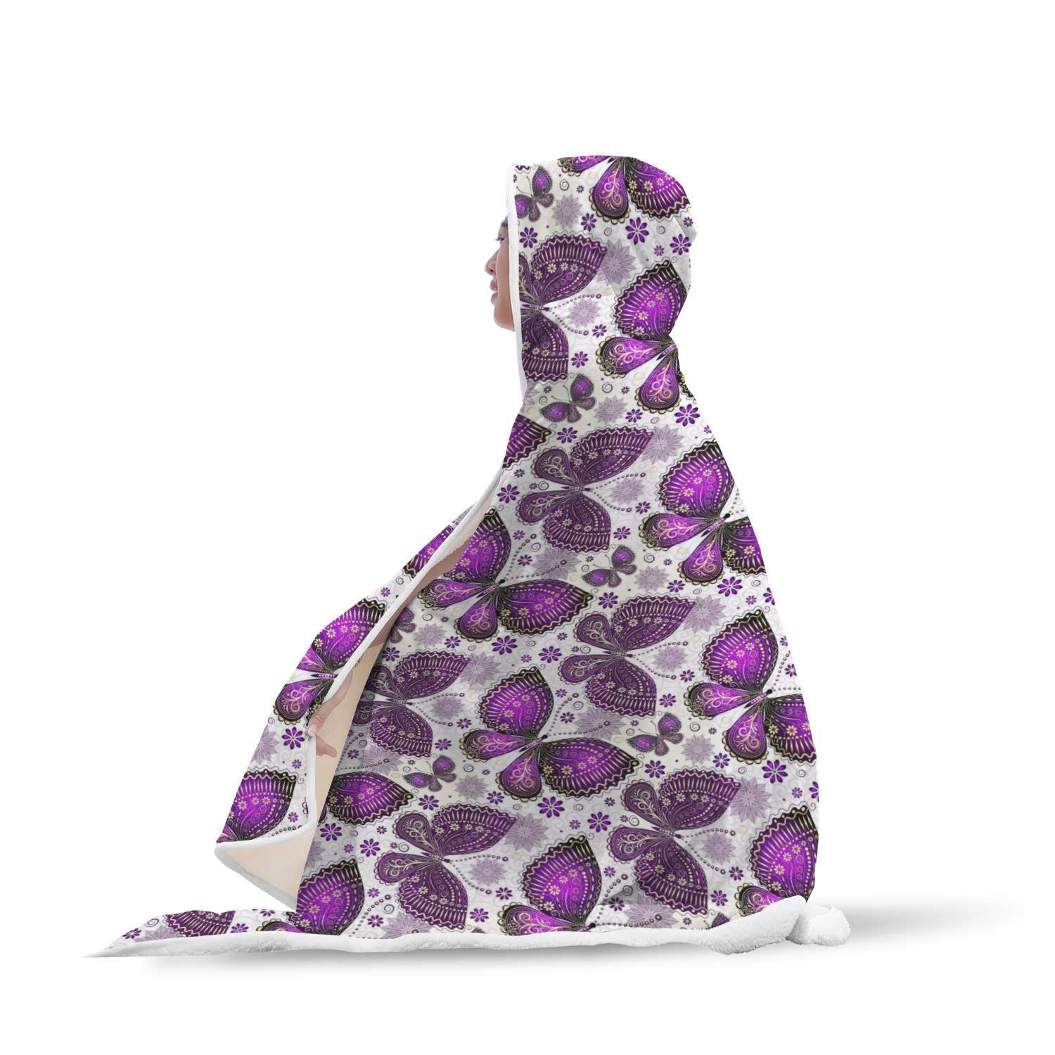 Purple Butterfly Pattern Print Hooded Blanket-grizzshop