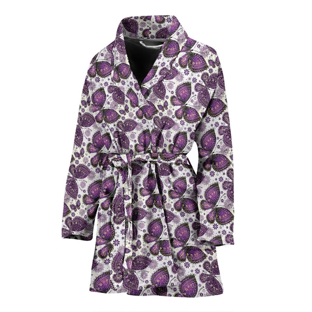 Purple Butterfly Pattern Print Women Long Robe-grizzshop