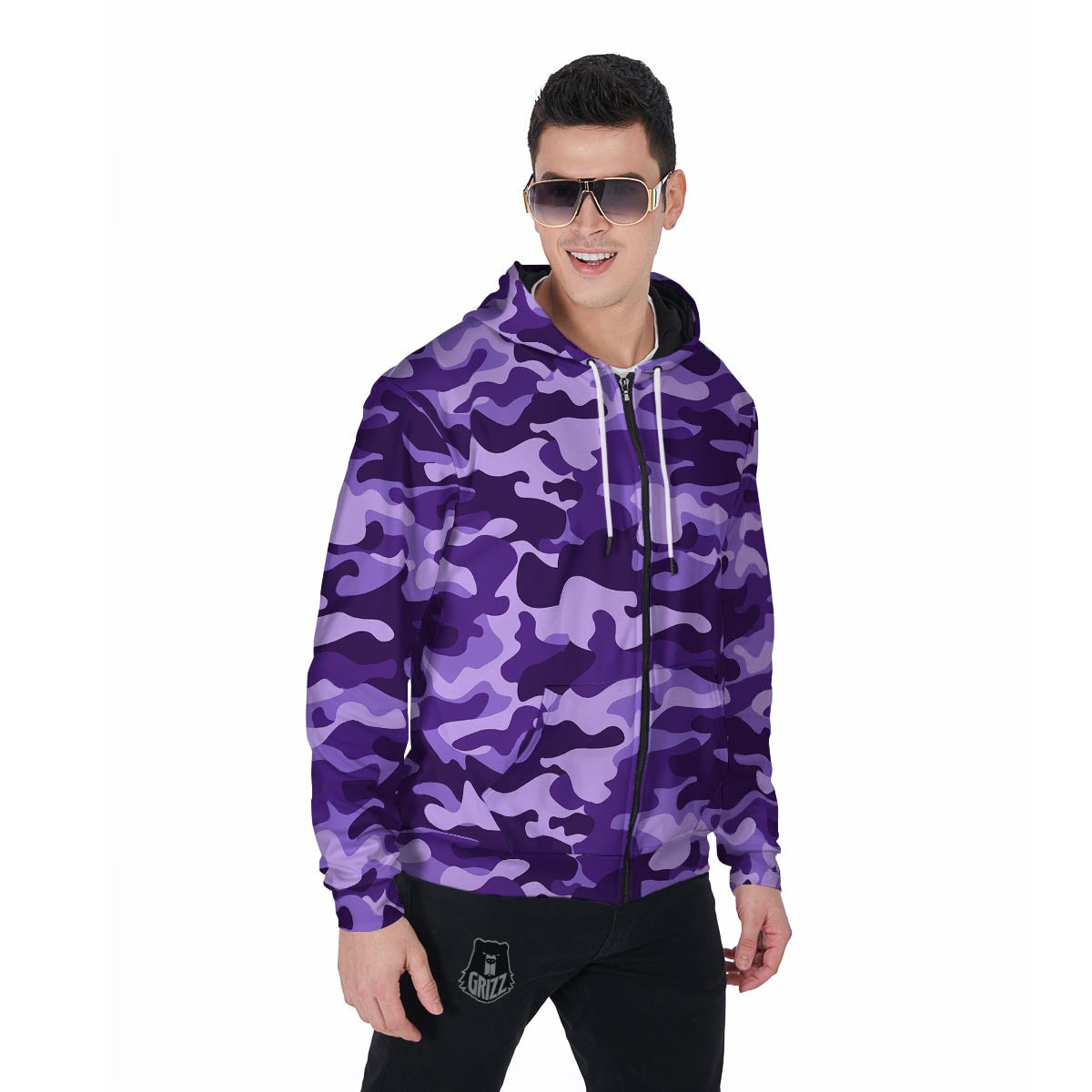 Purple Camo Print Men's Zip Up Hoodie-grizzshop