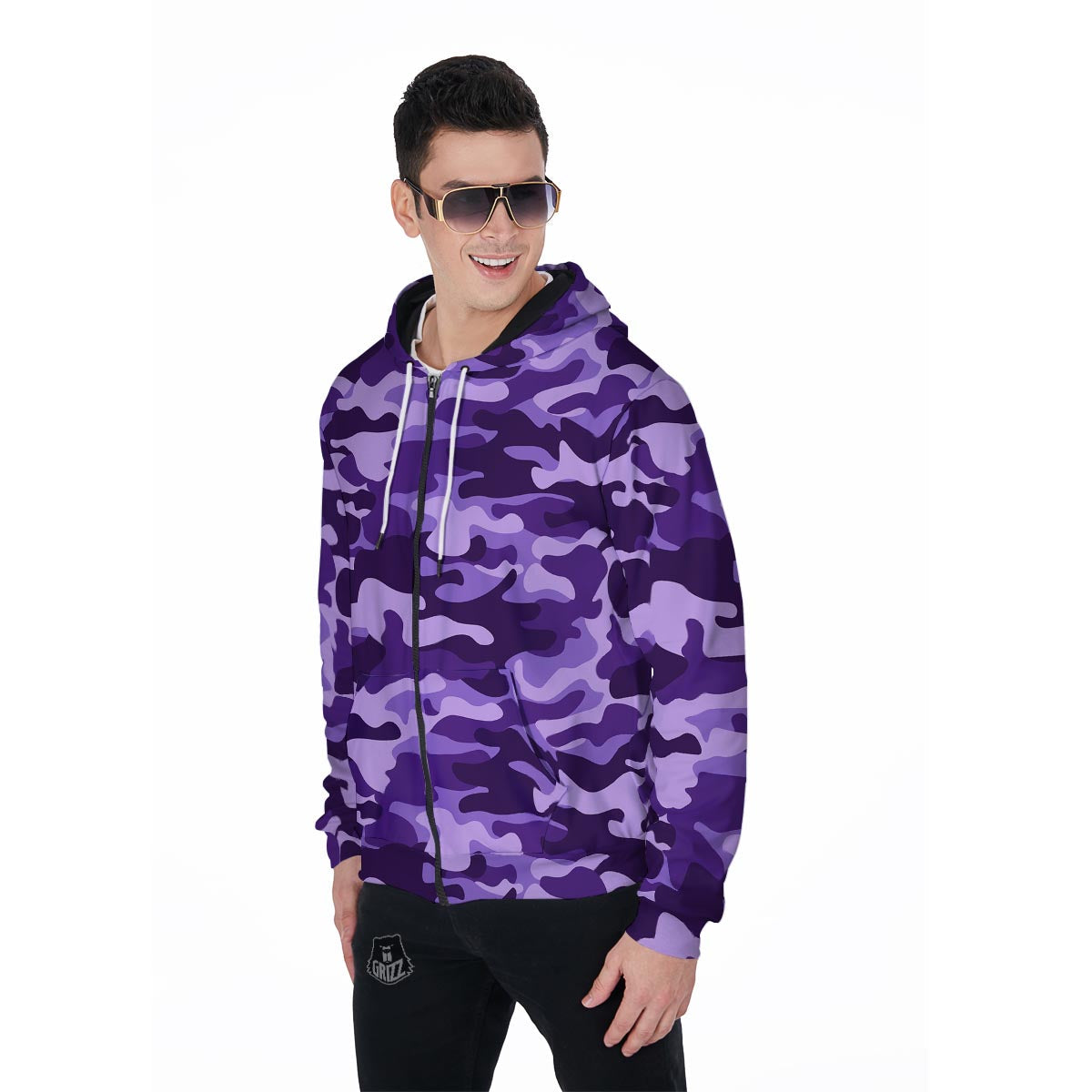 Purple Camo Print Men's Zip Up Hoodie-grizzshop