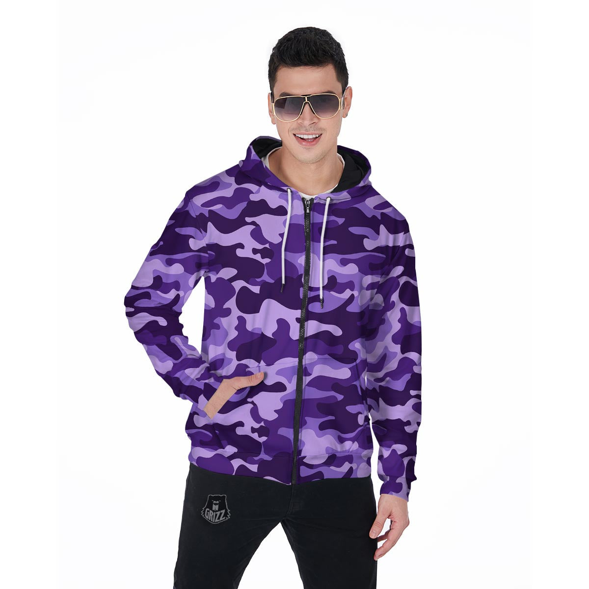 Purple Camo Print Men's Zip Up Hoodie-grizzshop