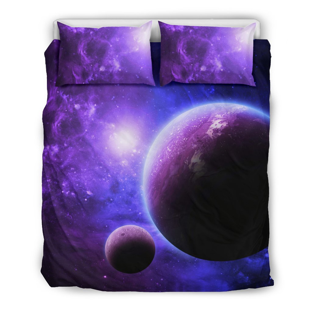 Purple Galaxy Space Moon Earth Print Duvet Cover Bedding Set-grizzshop