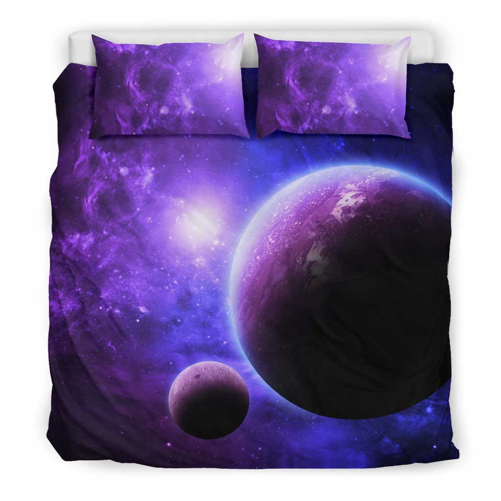 Purple Galaxy Space Moon Earth Print Duvet Cover Bedding Set-grizzshop