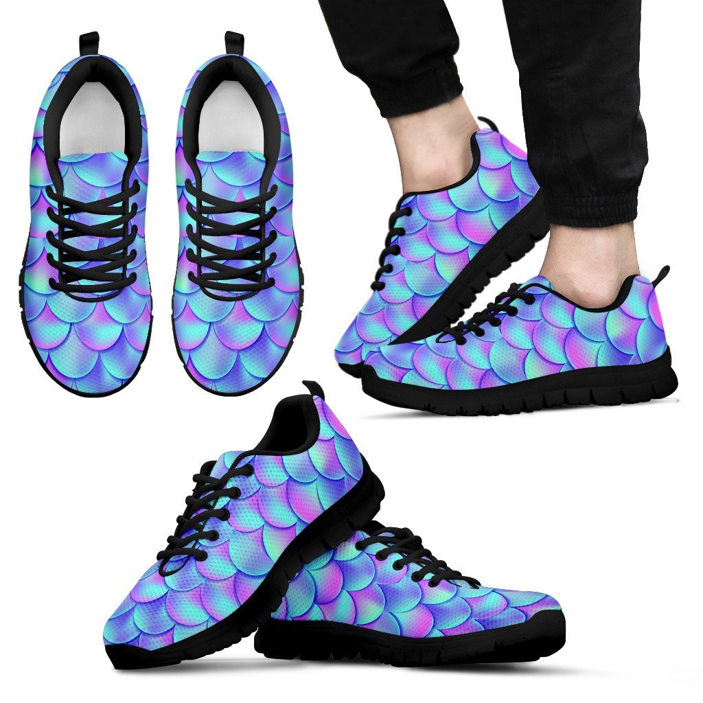 Purple Mermaid Teal Scales Pattern Print Black Sneaker Shoes For Men Women-grizzshop