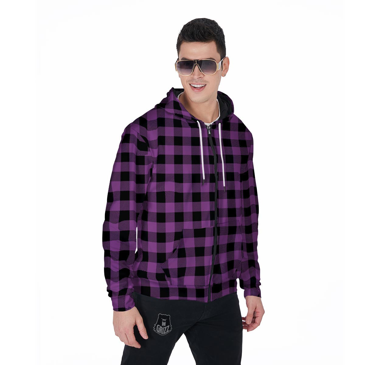 Purple Plaid Men's Zip Up Hoodie-grizzshop