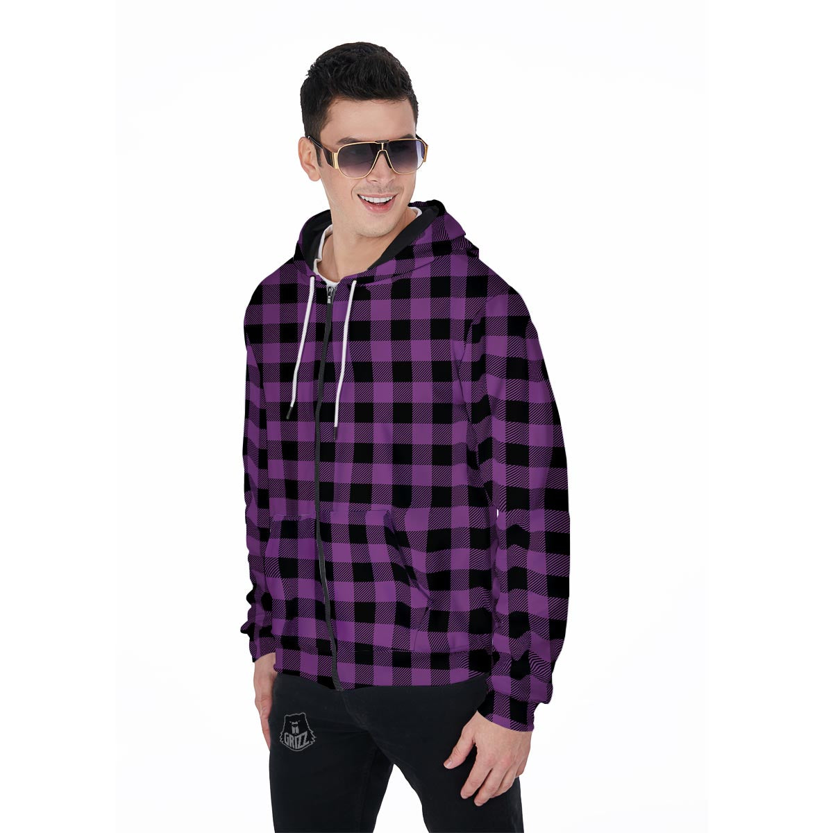 Purple Plaid Men's Zip Up Hoodie-grizzshop
