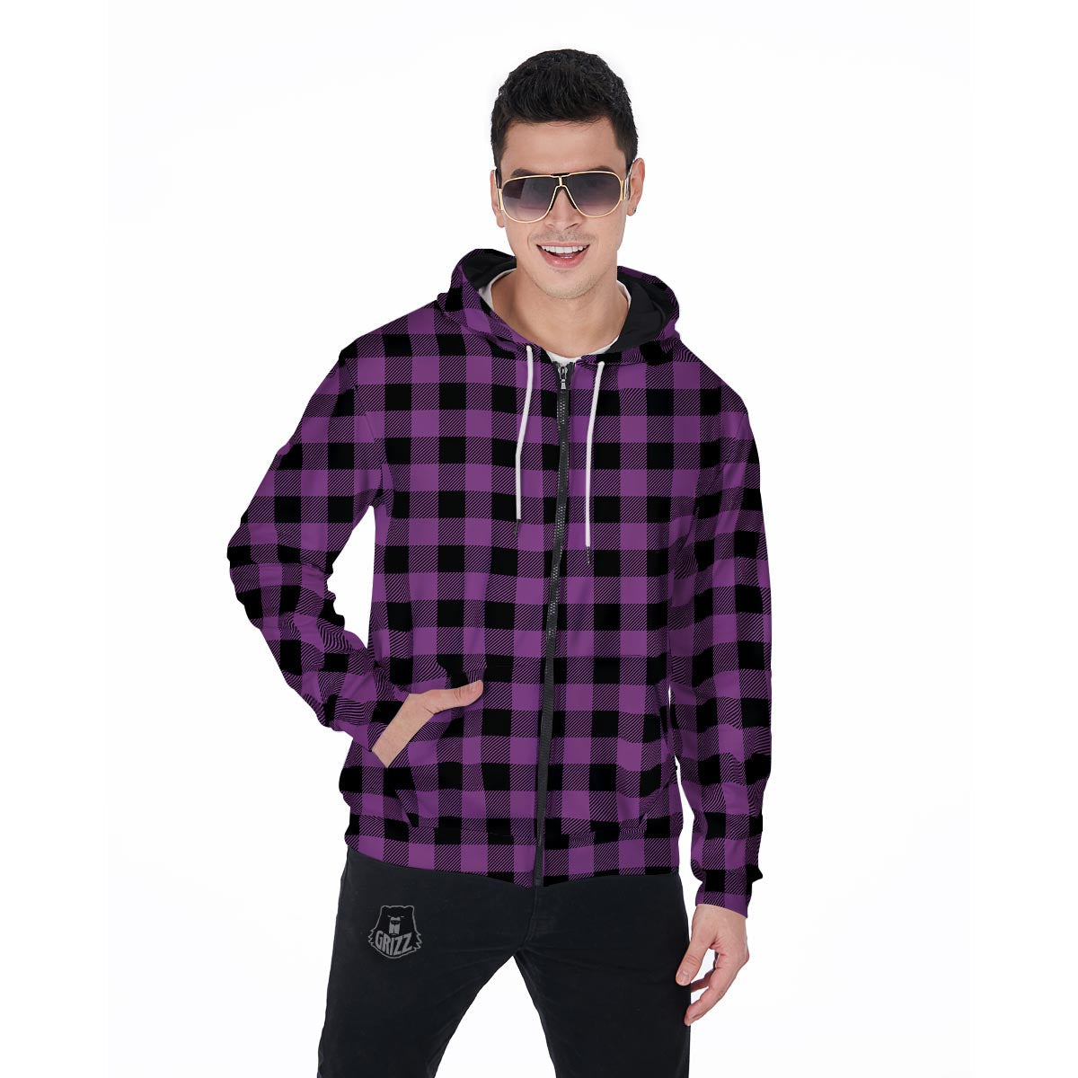 Purple Plaid Men's Zip Up Hoodie-grizzshop