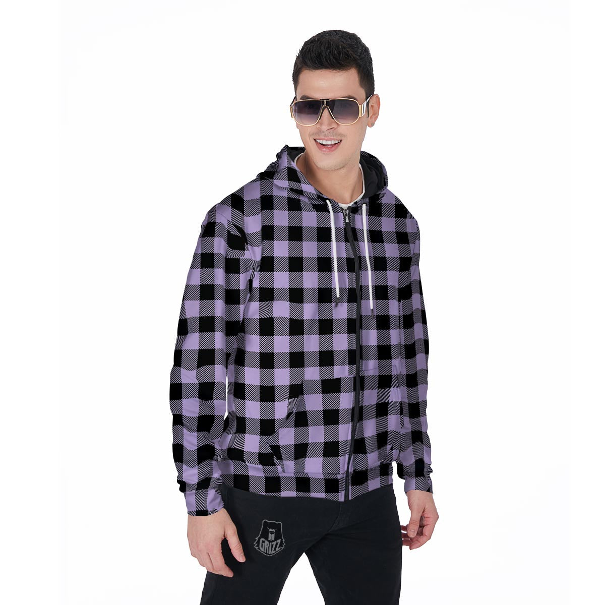 Purple Violet Plaid Men's Zip Up Hoodie-grizzshop