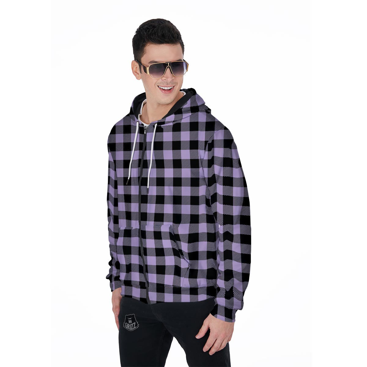 Purple Violet Plaid Men's Zip Up Hoodie-grizzshop