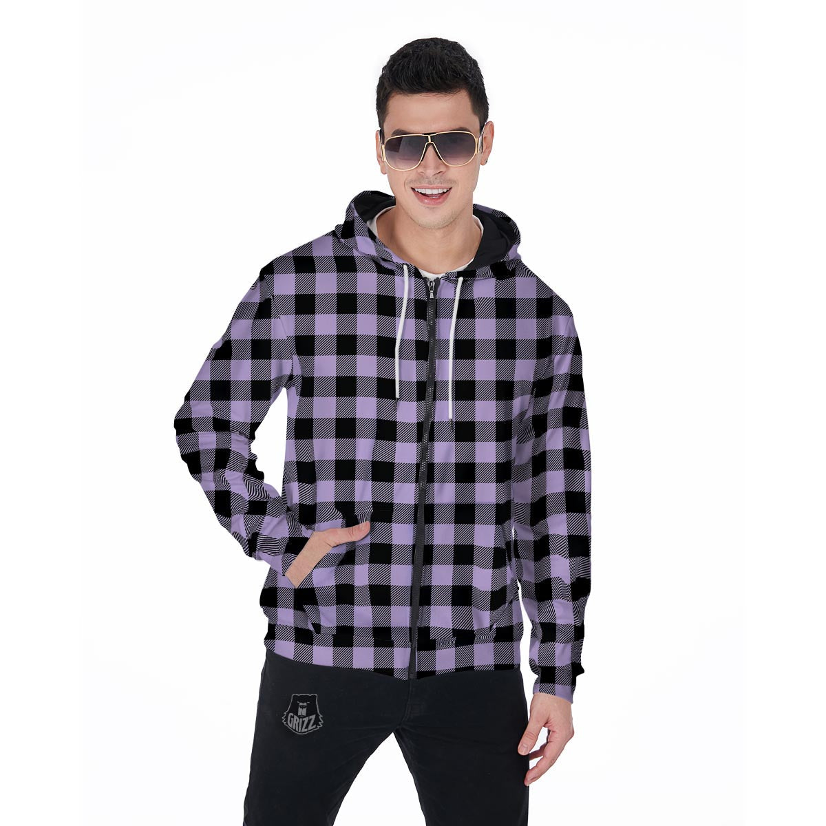 Purple Violet Plaid Men's Zip Up Hoodie-grizzshop