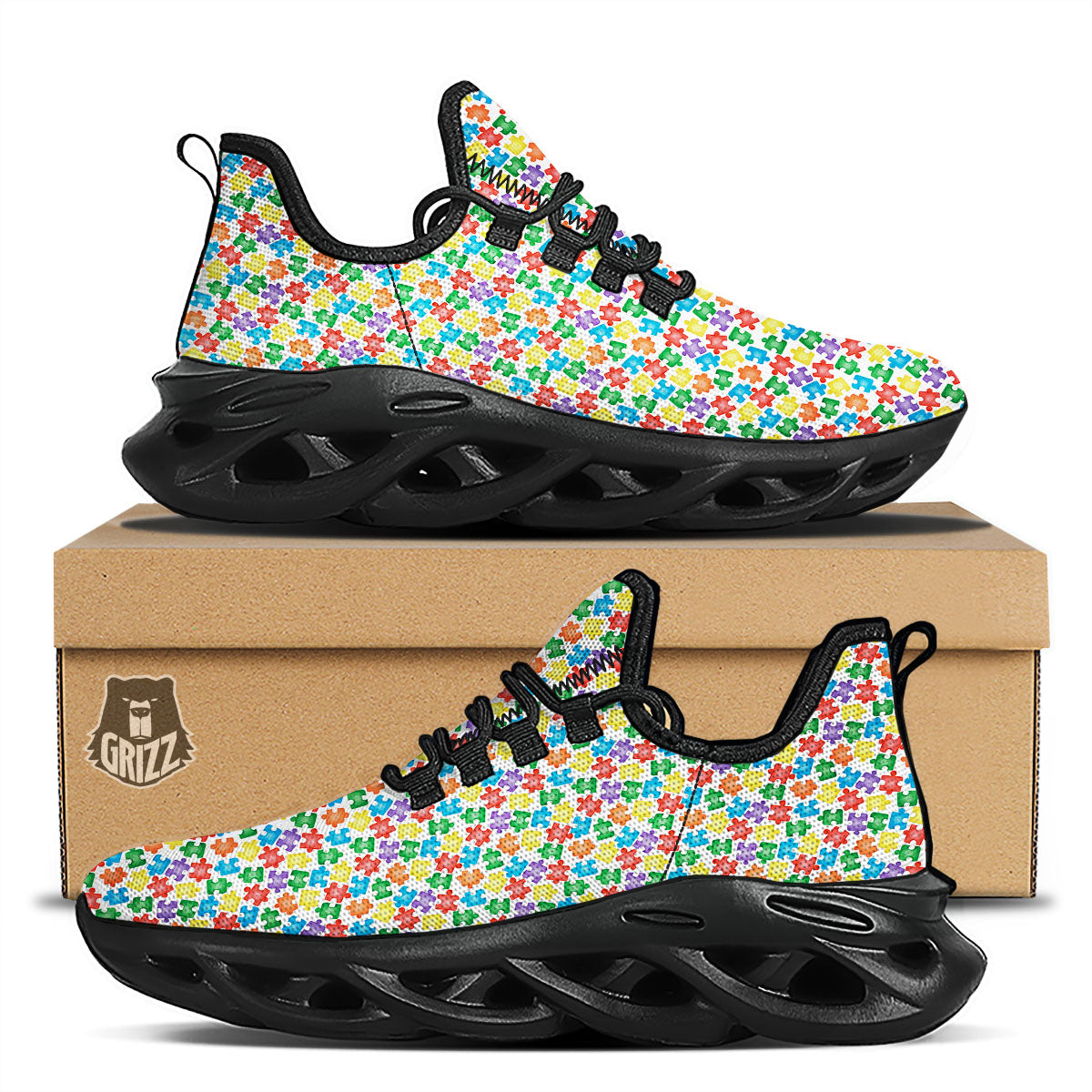 Puzzle Autism Awareness Print Black Running Shoes-grizzshop