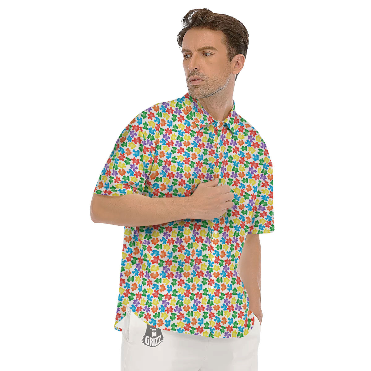 Puzzle Autism Awareness Print Men's Short Sleeve Shirts-grizzshop