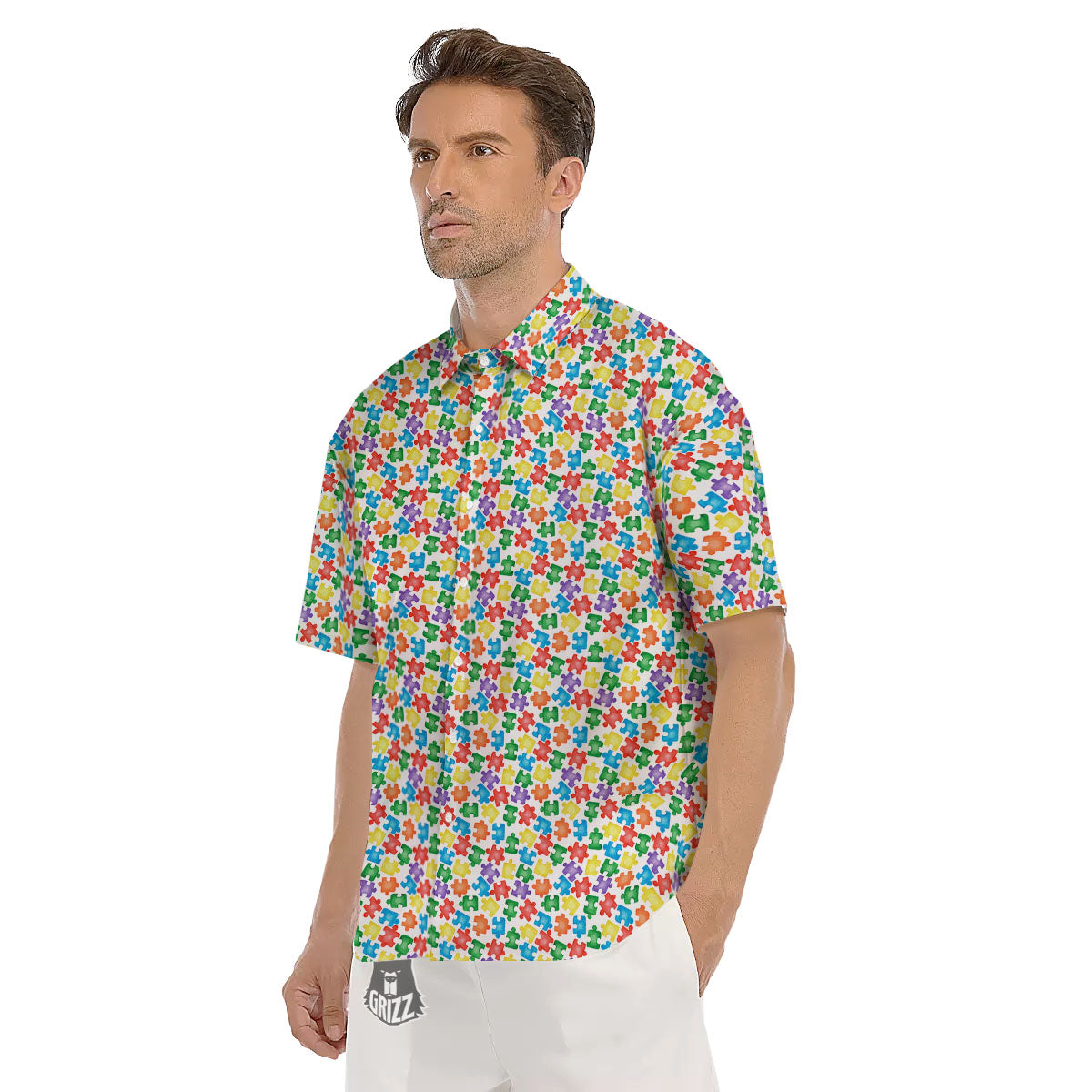 Puzzle Autism Awareness Print Men's Short Sleeve Shirts-grizzshop