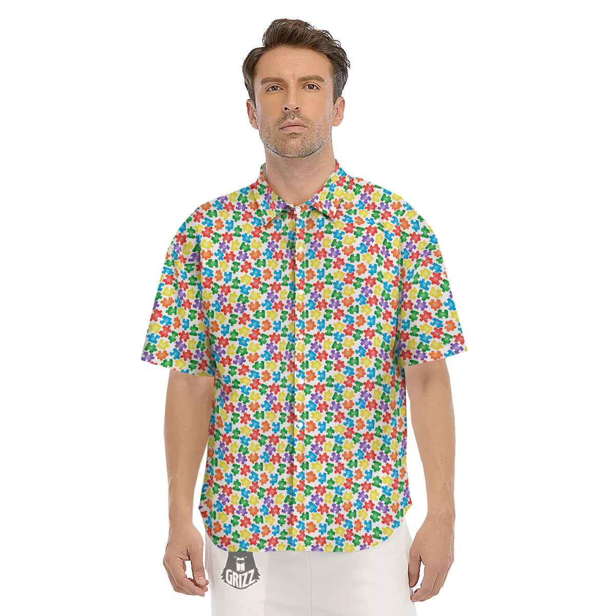 Puzzle Autism Awareness Print Men's Short Sleeve Shirts-grizzshop