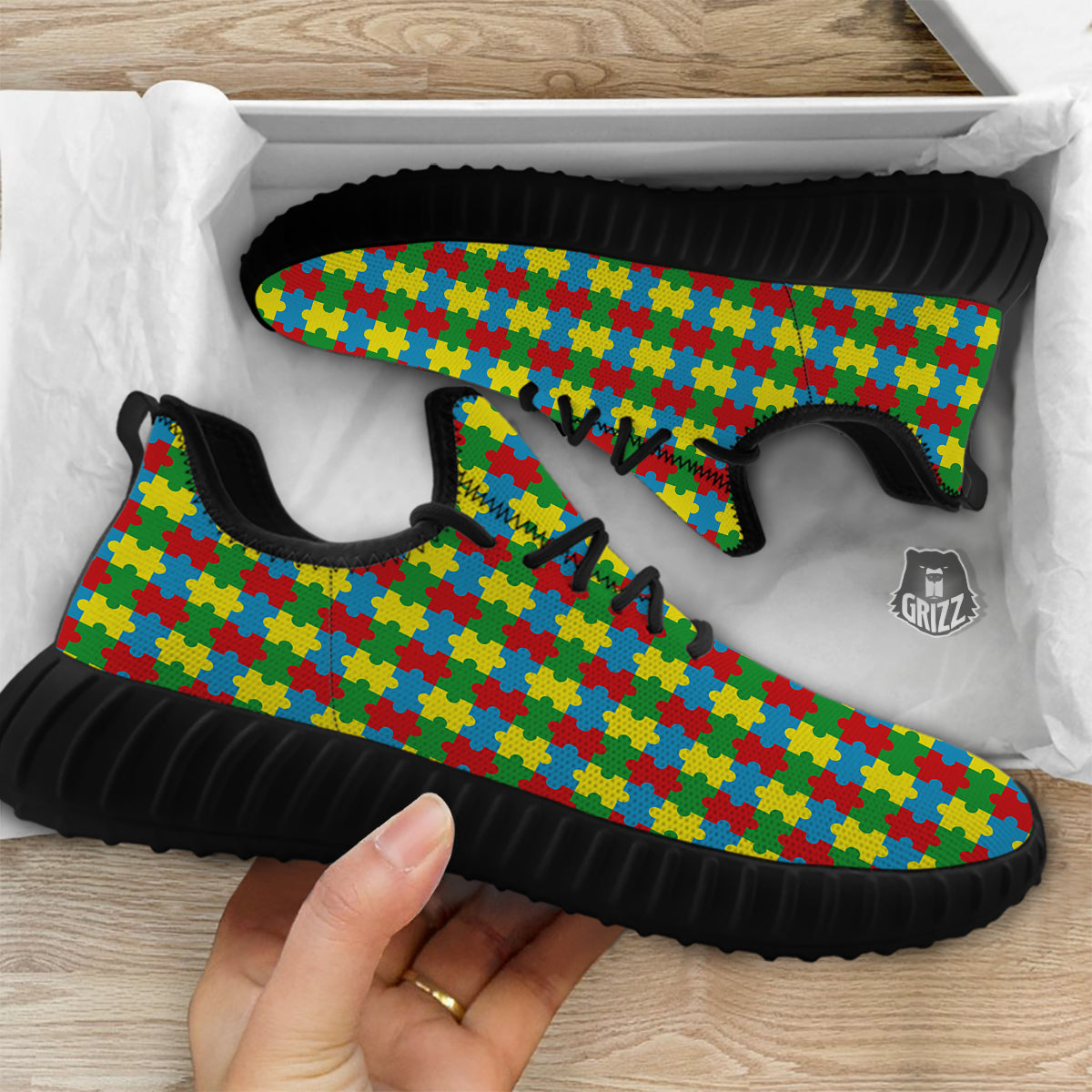 Puzzle Autism Awareness Print Pattern Black Walking Shoes-grizzshop