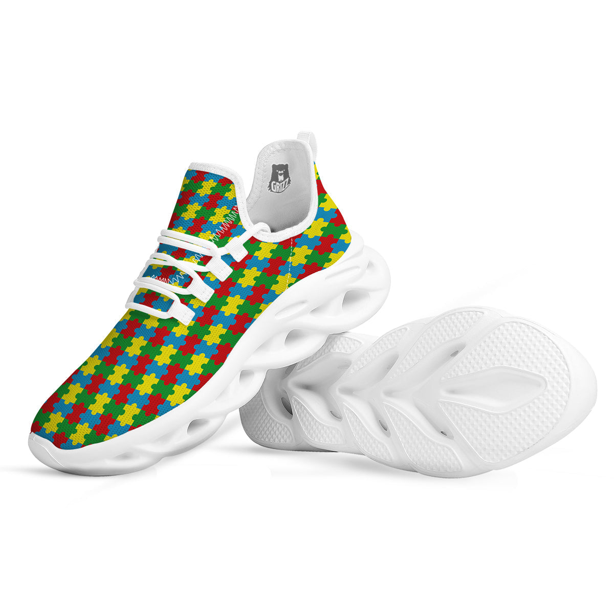 Puzzle Autism Awareness Print Pattern White Running Shoes-grizzshop