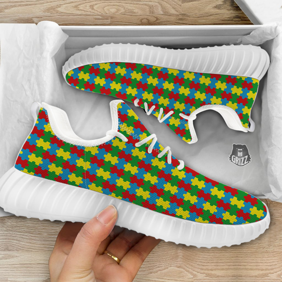 Puzzle Autism Awareness Print Pattern White Walking Shoes-grizzshop