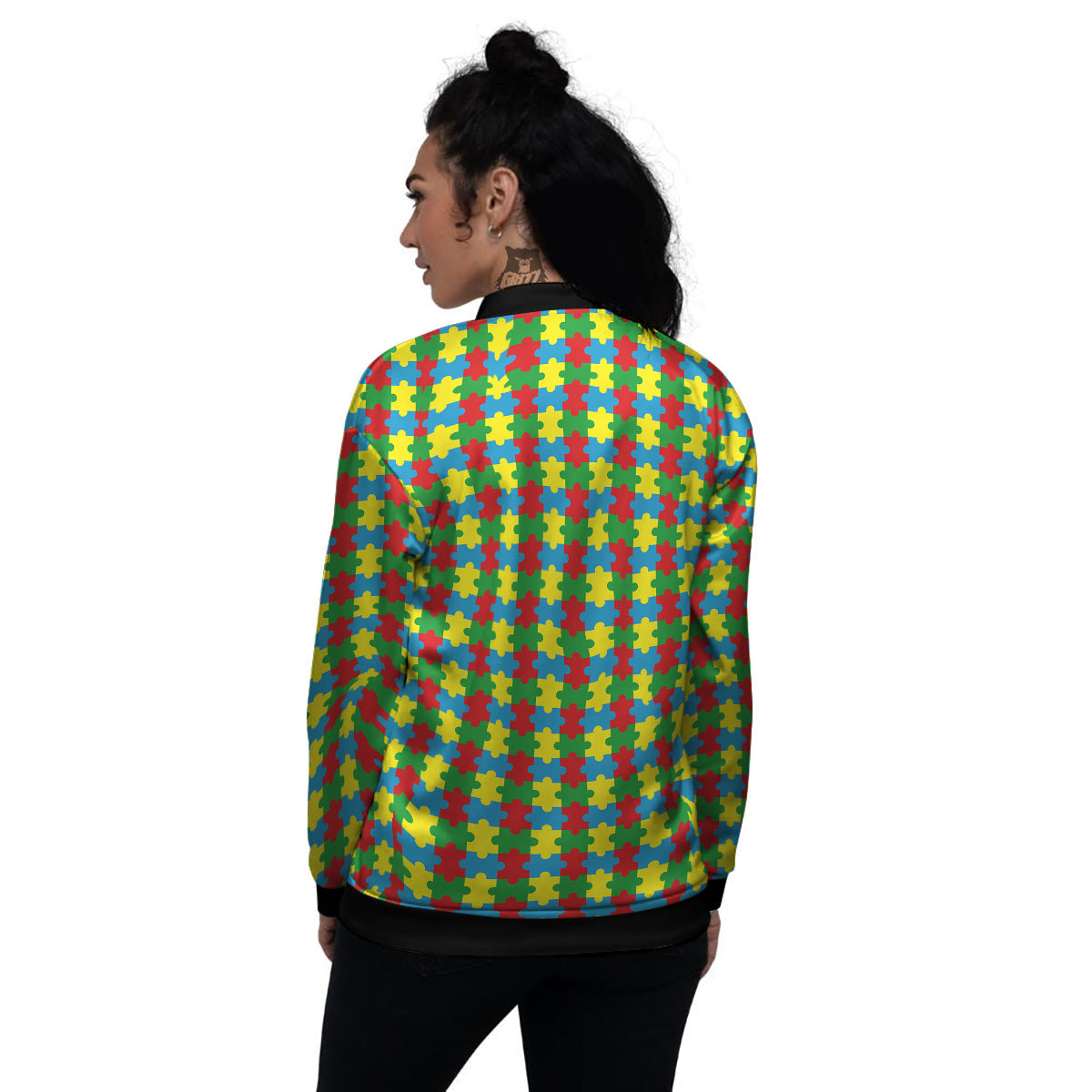 Puzzle Autism Awareness Print Pattern Women's Bomber Jacket-grizzshop