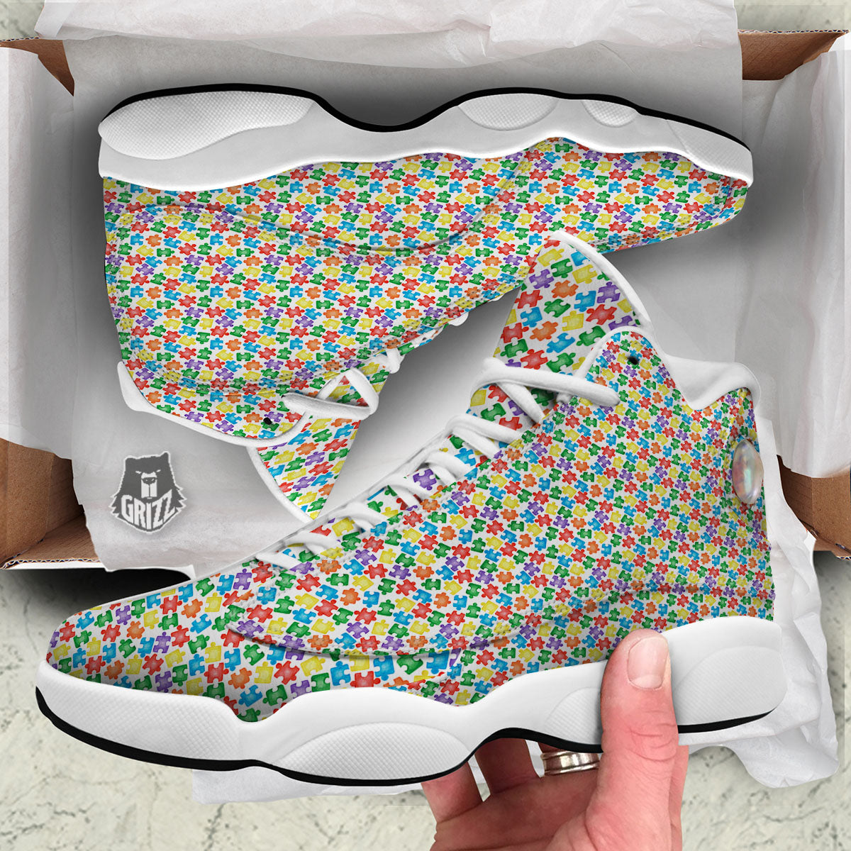 Puzzle Autism Awareness Print White Basketball Shoes-grizzshop