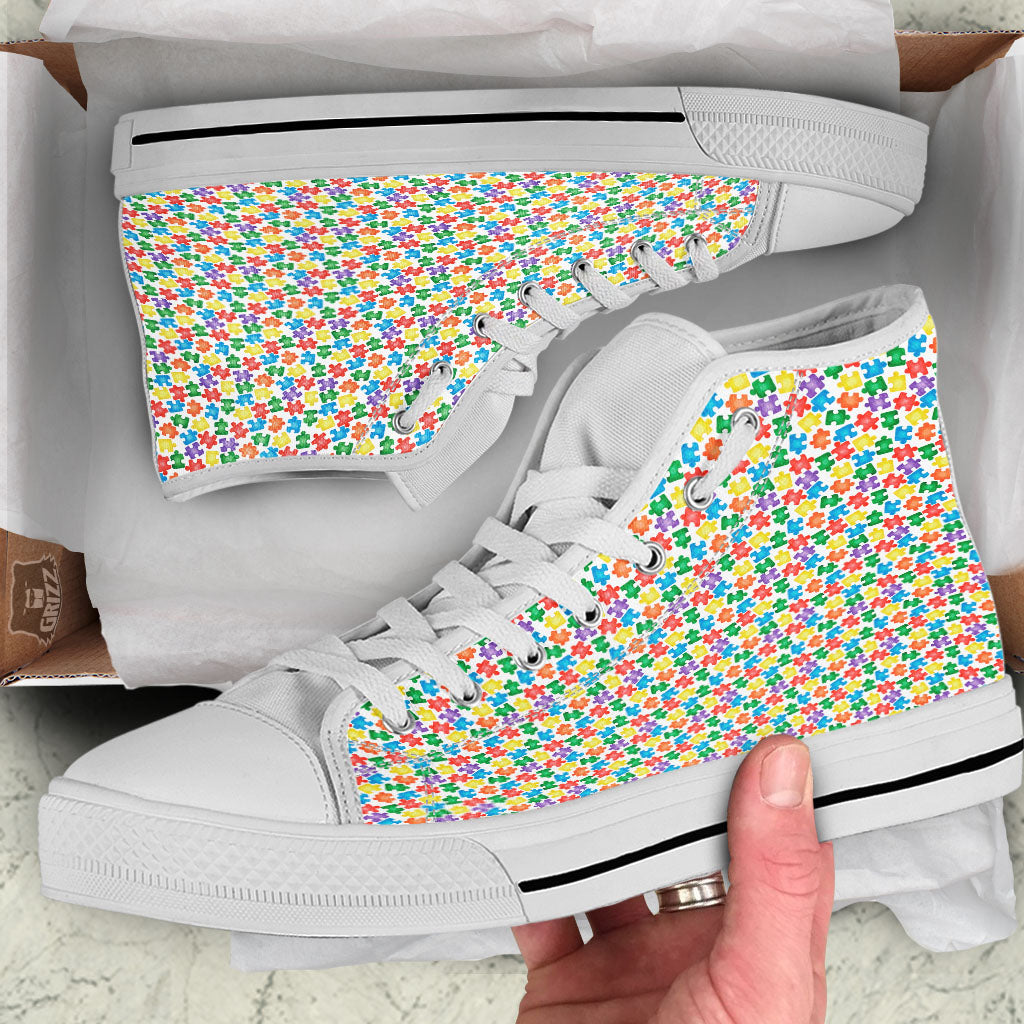 Puzzle Autism Awareness Print White High Top Shoes-grizzshop