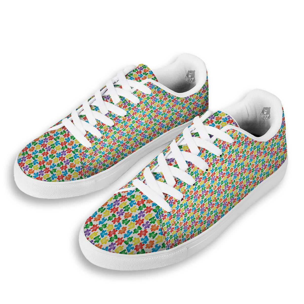 Puzzle Autism Awareness Print White Low Top Sneakers-grizzshop