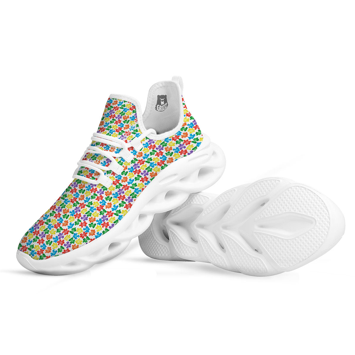 Puzzle Autism Awareness Print White Running Shoes-grizzshop