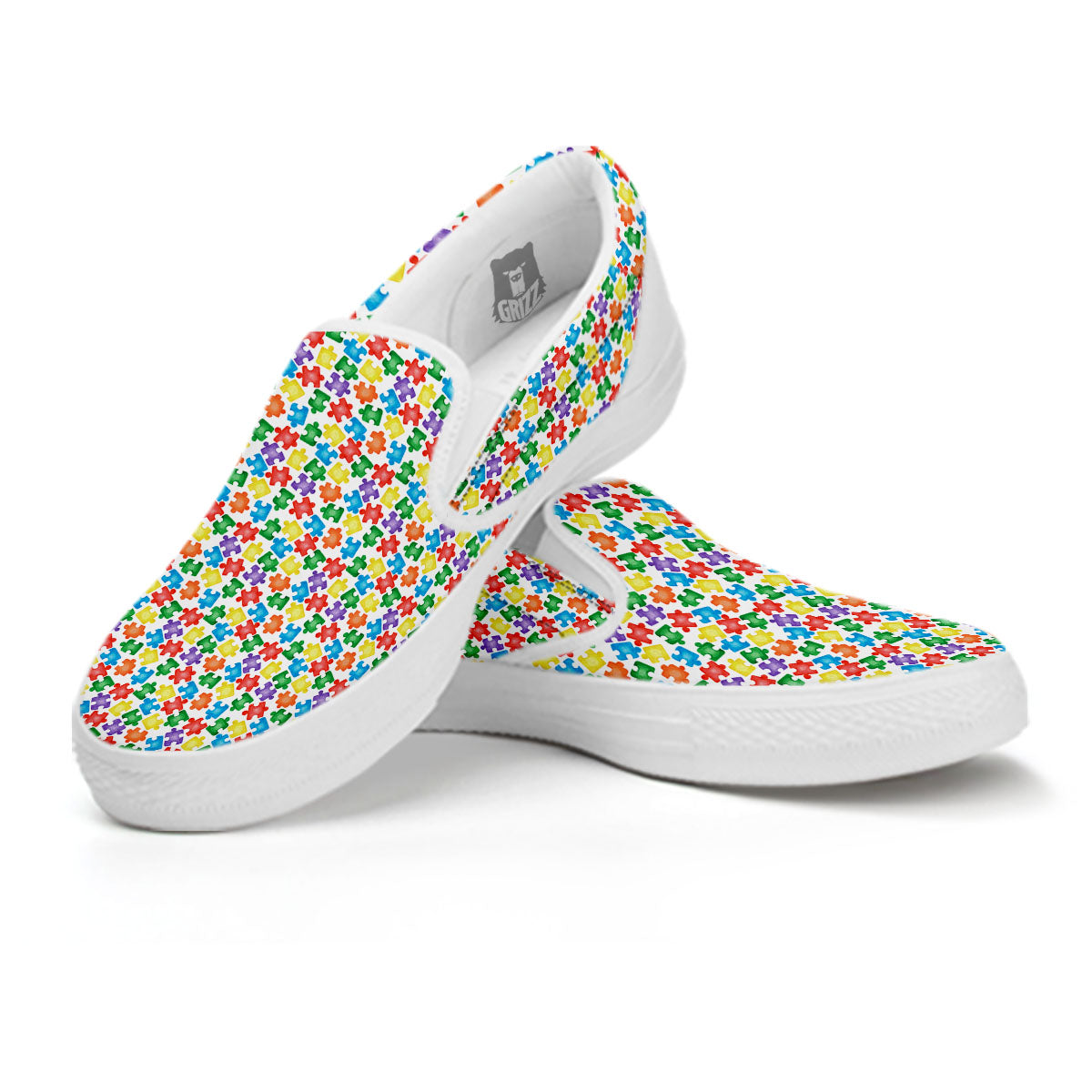 Puzzle Autism Awareness Print White Slip On Shoes-grizzshop