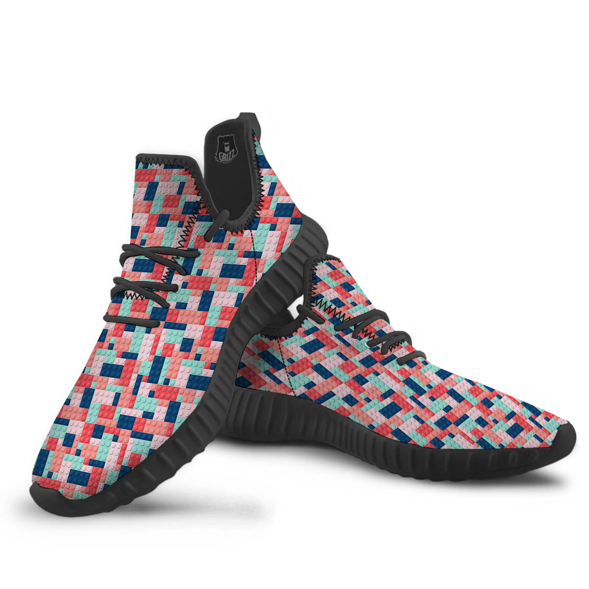 Puzzle Game Colorful Block Print Pattern Black Walking Shoes-grizzshop