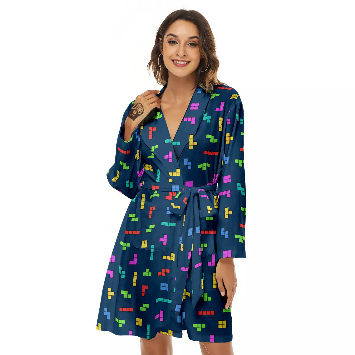 Puzzle Game Colorful Brick Print Pattern Women's Robe-grizzshop
