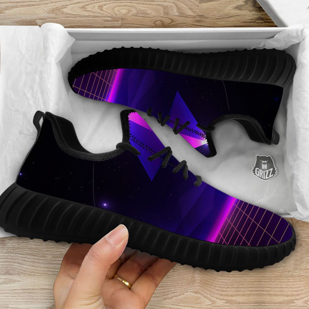 Pyramid Cloud Purple Print Black Walking Shoes-grizzshop
