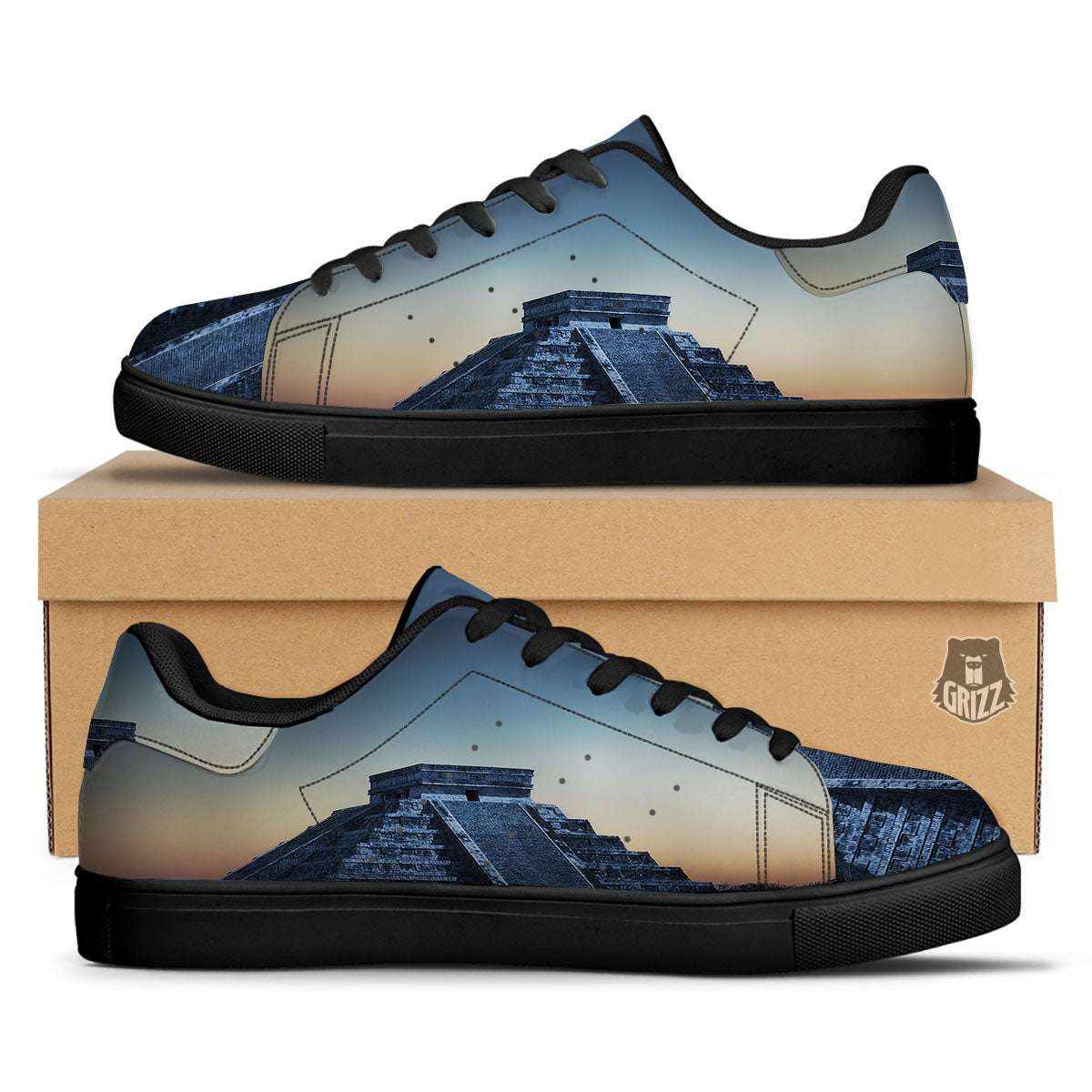 Pyramid Mayan Print Black Low Top Sneakers-grizzshop