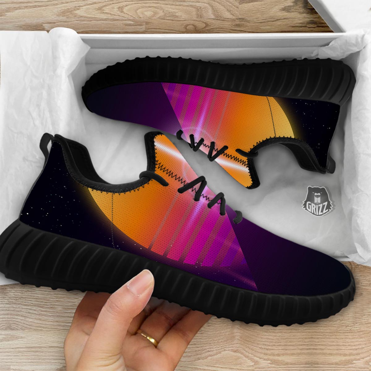 Pyramid Synthwave Print Black Walking Shoes-grizzshop