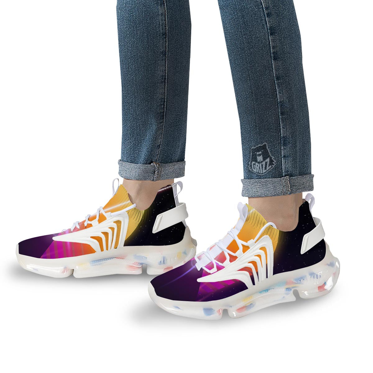 Pyramid Synthwave Print White Gym Shoes-grizzshop