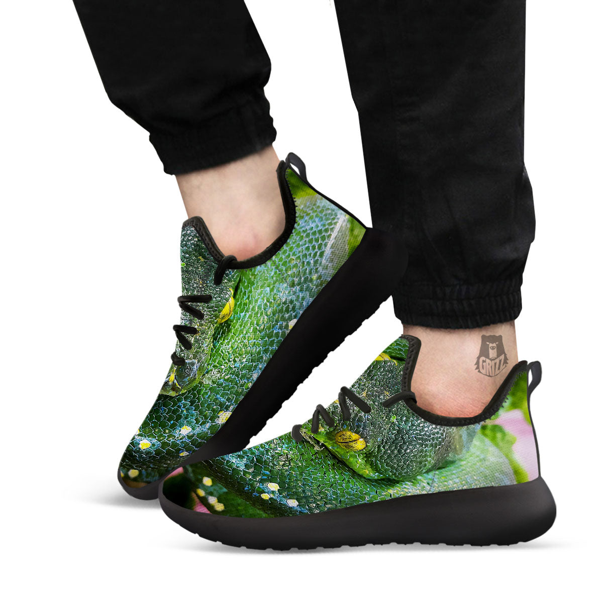 Python Snake Green Reticulated Print Black Athletic Shoes-grizzshop