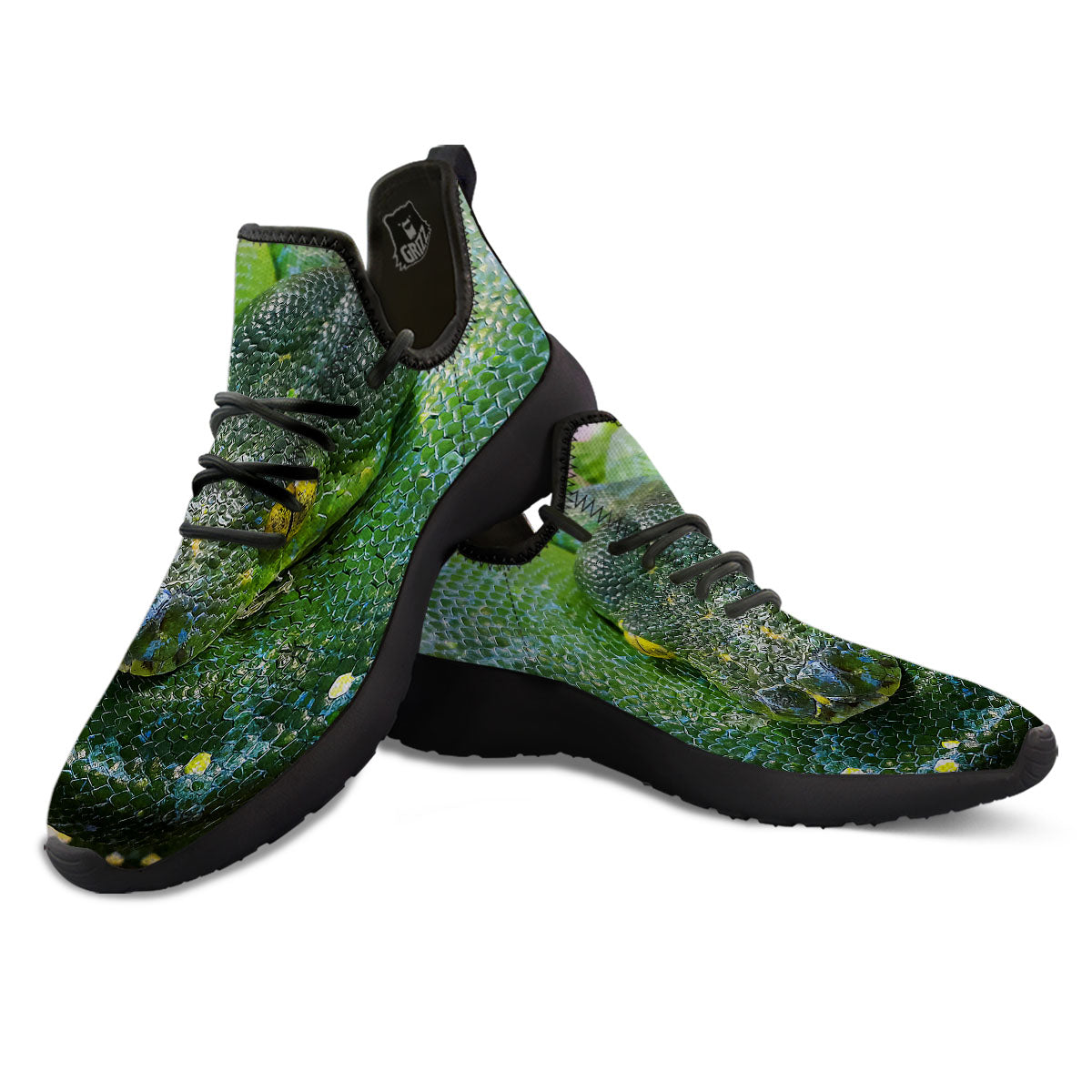 Python Snake Green Reticulated Print Black Athletic Shoes-grizzshop