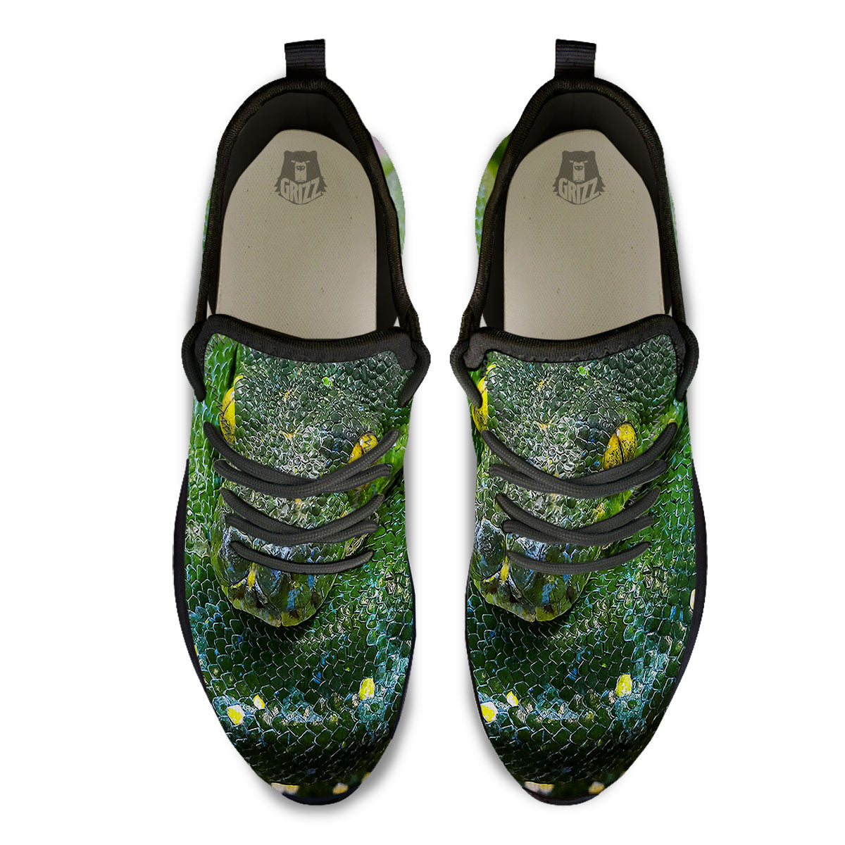 Python Snake Green Reticulated Print Black Athletic Shoes-grizzshop