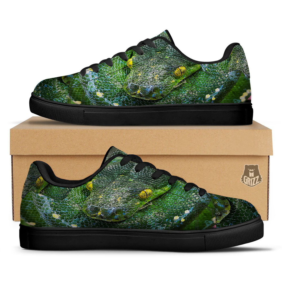 Python Snake Green Reticulated Print Black Low Top Sneakers-grizzshop
