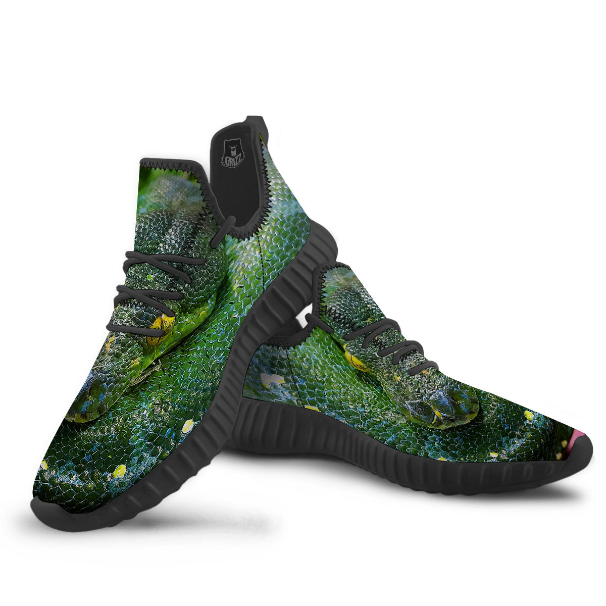 Python Snake Green Reticulated Print Black Walking Shoes-grizzshop