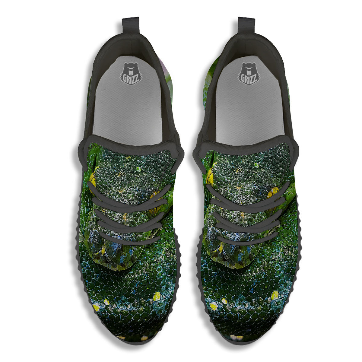 Python Snake Green Reticulated Print Black Walking Shoes-grizzshop