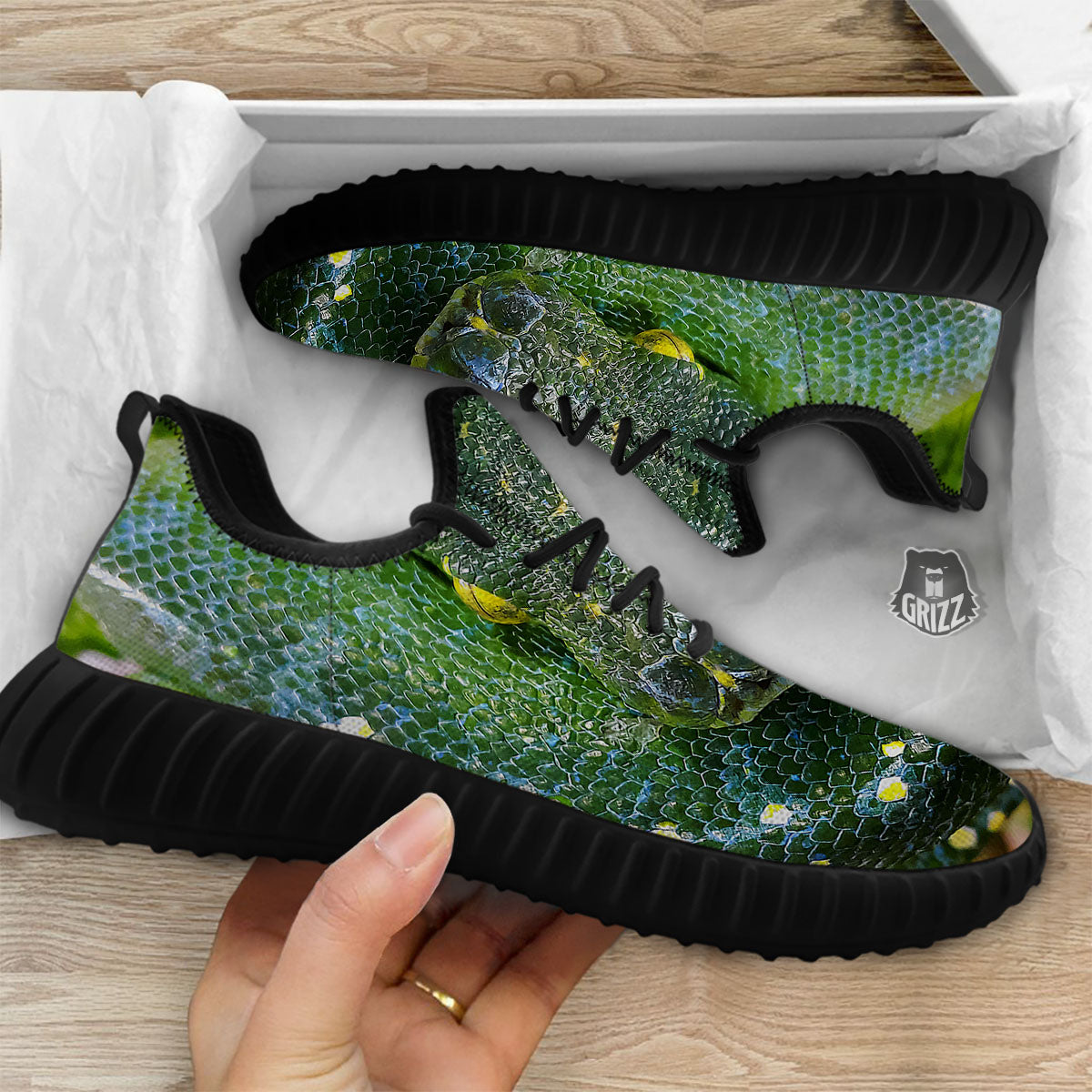 Python Snake Green Reticulated Print Black Walking Shoes-grizzshop