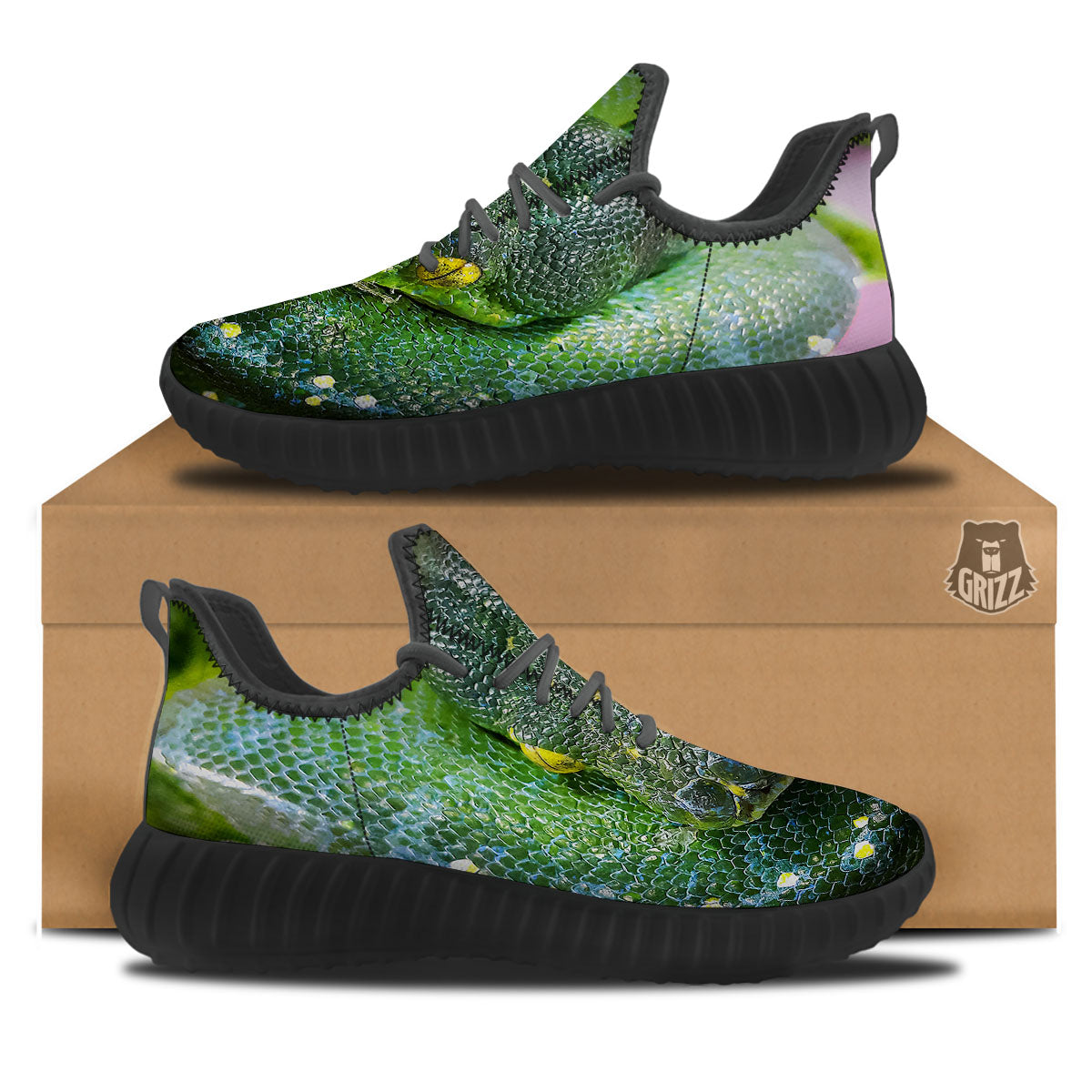 Python Snake Green Reticulated Print Black Walking Shoes-grizzshop
