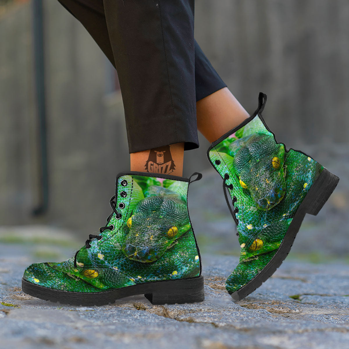 Python Snake Green Reticulated Print Leather Boots-grizzshop