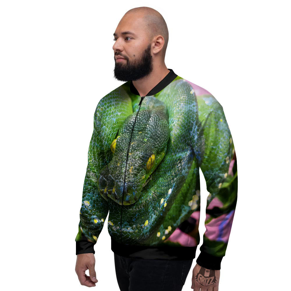 Python Snake Green Reticulated Print Men's Bomber Jacket-grizzshop