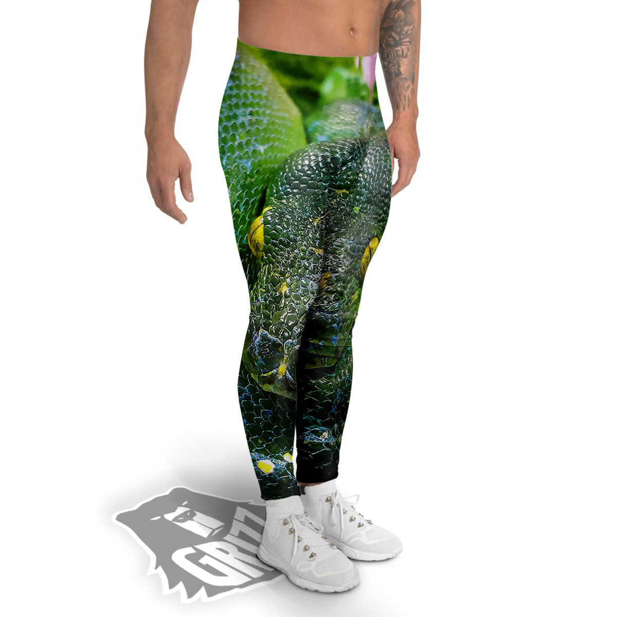 Python Snake Green Reticulated Print Men's Leggings-grizzshop