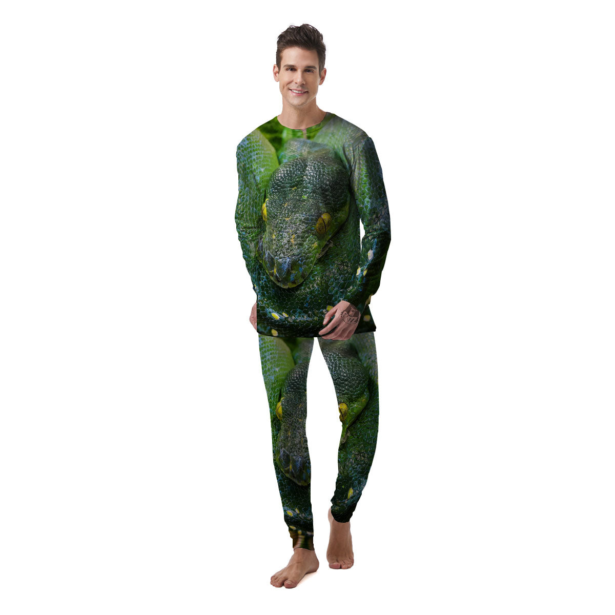 Python Snake Green Reticulated Print Men's Pajamas-grizzshop