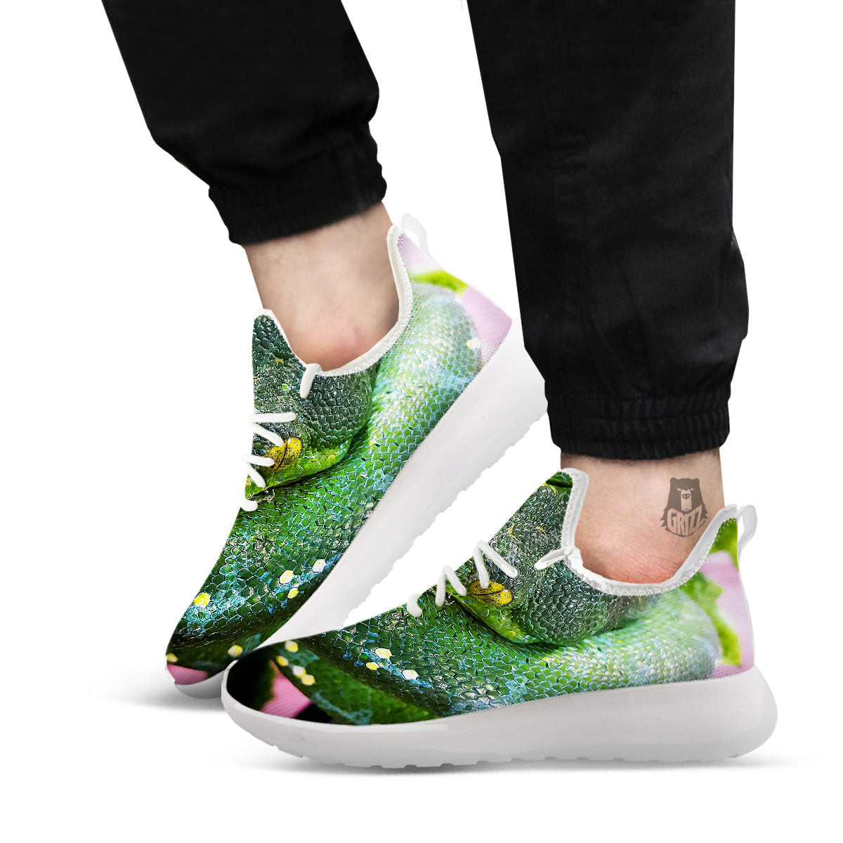 Python Snake Green Reticulated Print White Athletic Shoes-grizzshop