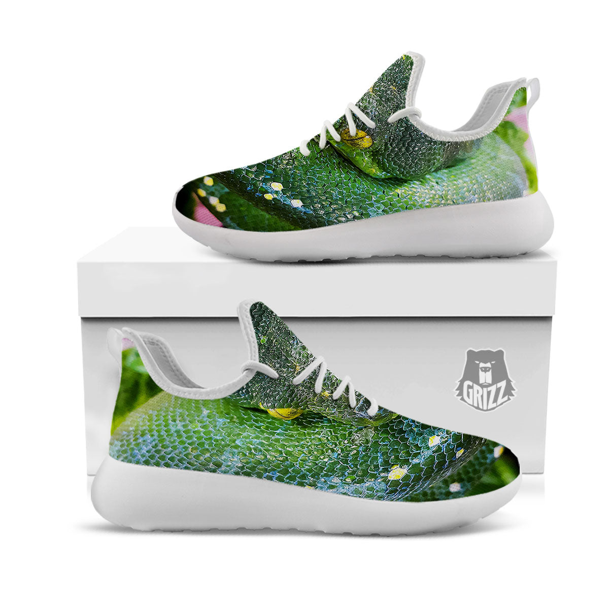 Python Snake Green Reticulated Print White Athletic Shoes-grizzshop